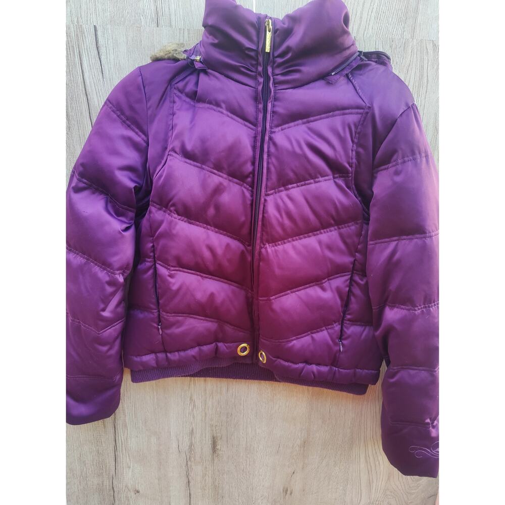 Y2K Down Purple Puffer‎ Jacket Gold Hardware & Faux Fur Hood Y2K Brat SZ,  L